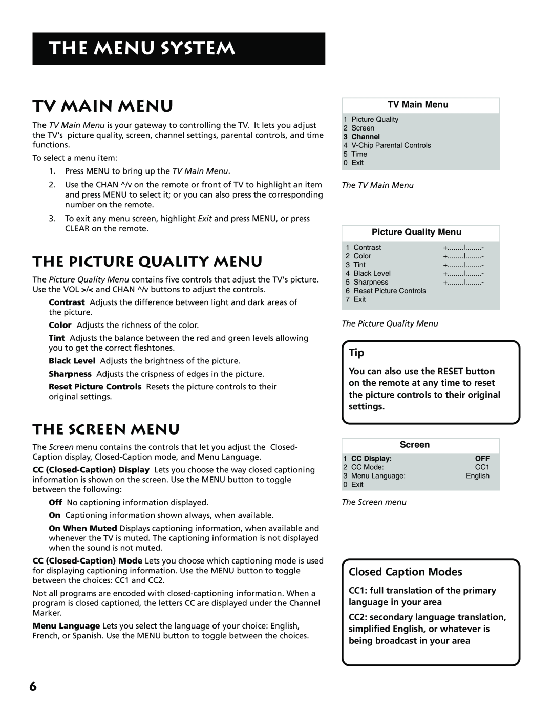 RCA E13341 The Menu System, Tv Main Menu, The Picture Quality Menu, The Screen Menu, Closed Caption Modes, TV Main Menu 