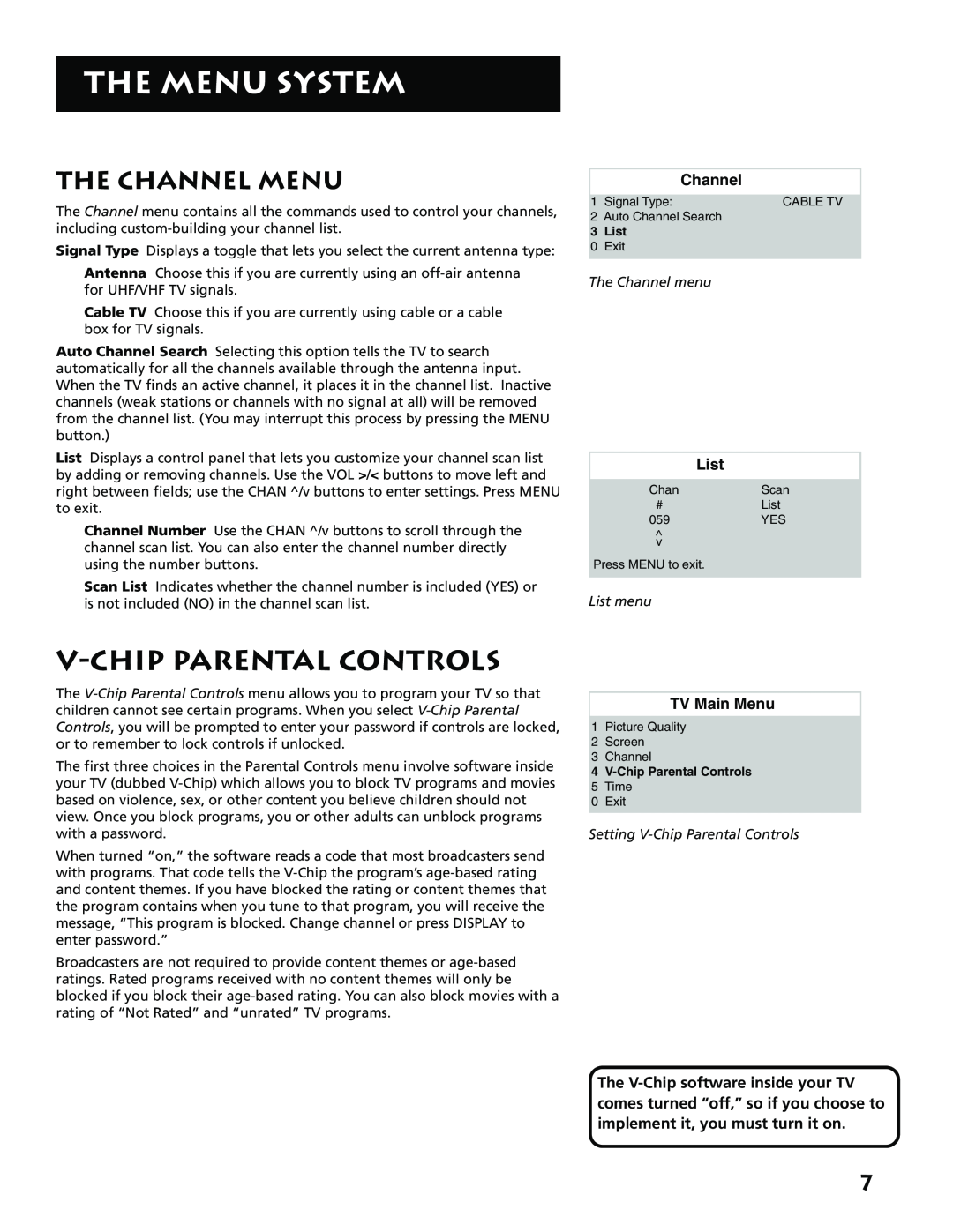 RCA E13341 V-Chip Parental Controls, The Channel Menu, The Menu System, TV Main Menu, The Channel menu, List menu 