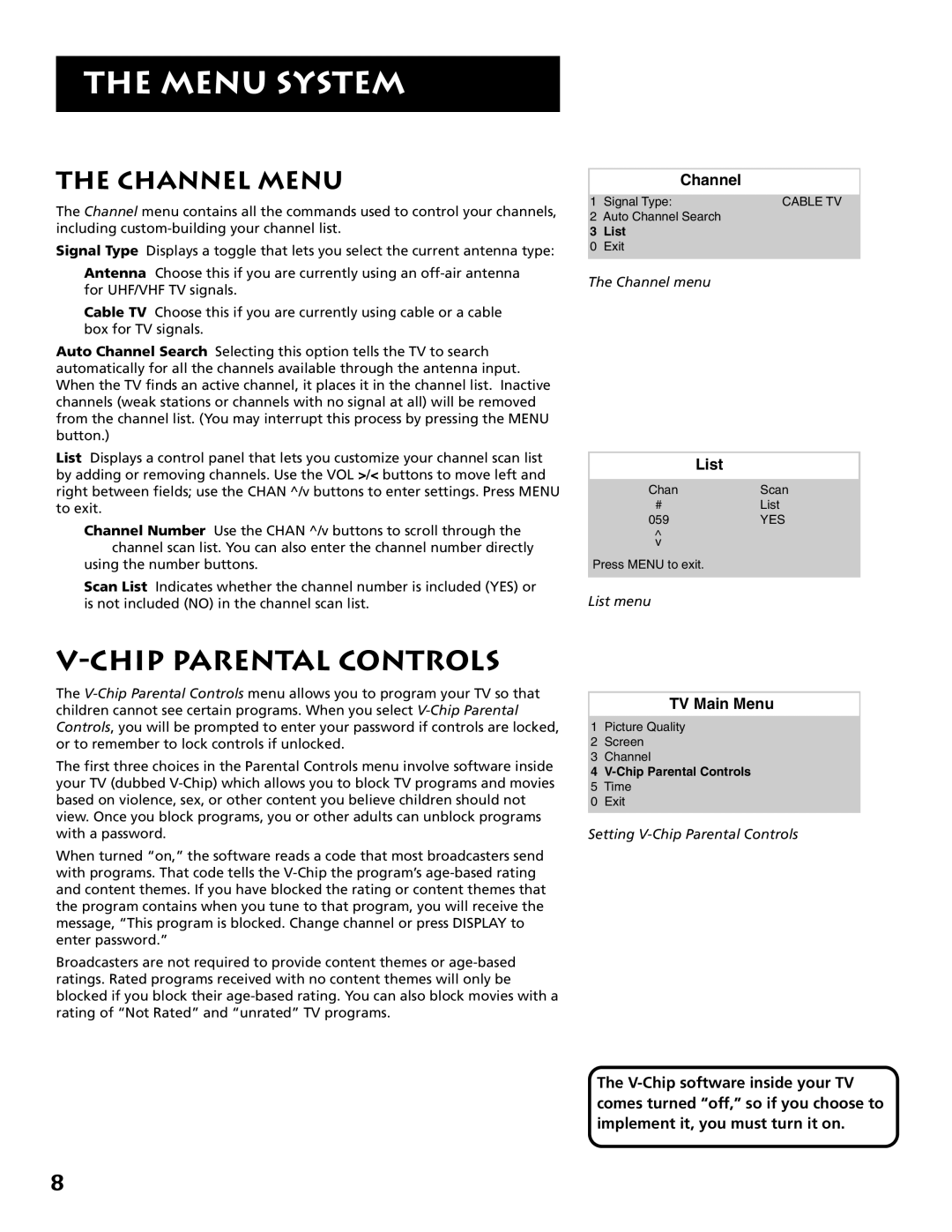 RCA E13342 manual Chip Parental Controls, Channel Menu 