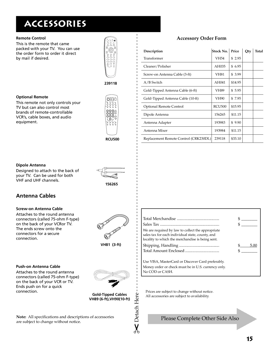 RCA E13342 manual Accessories, Antenna Cables 