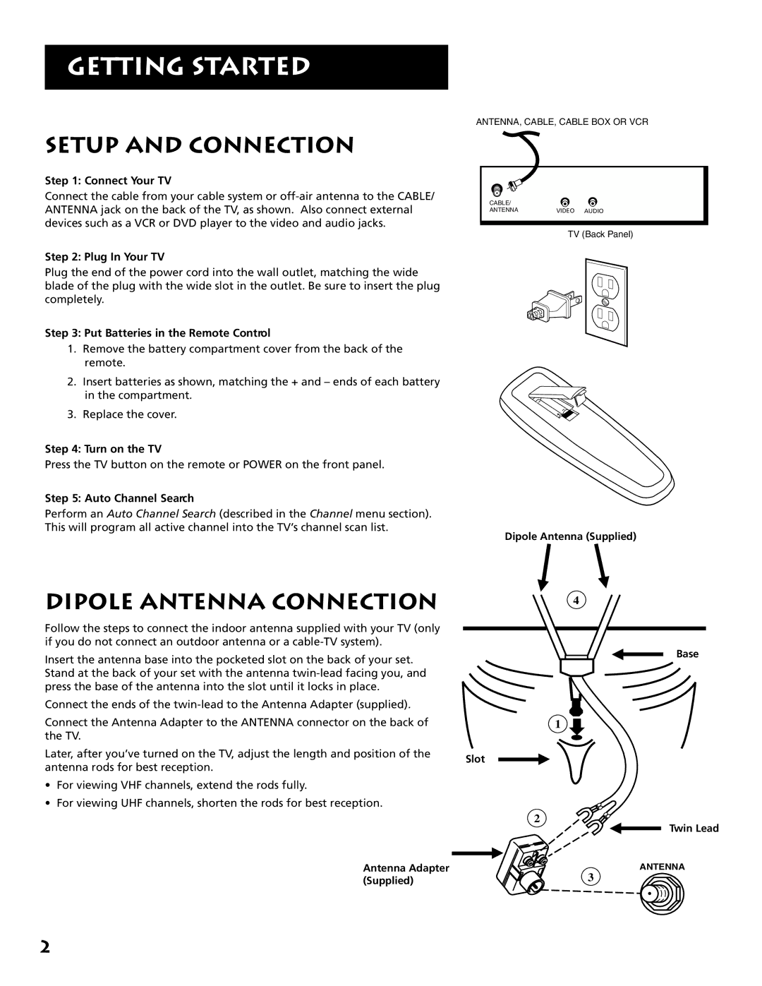 RCA E13342 manual Getting Started, Setup and Connection, Dipole Antenna Connection 