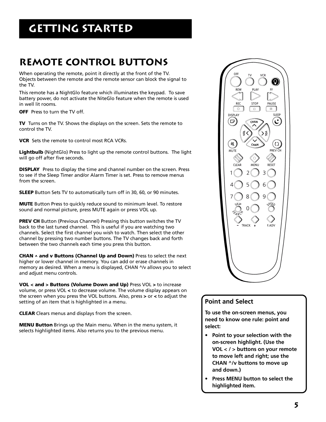 RCA E13342 manual Remote Control Buttons, Point and Select 