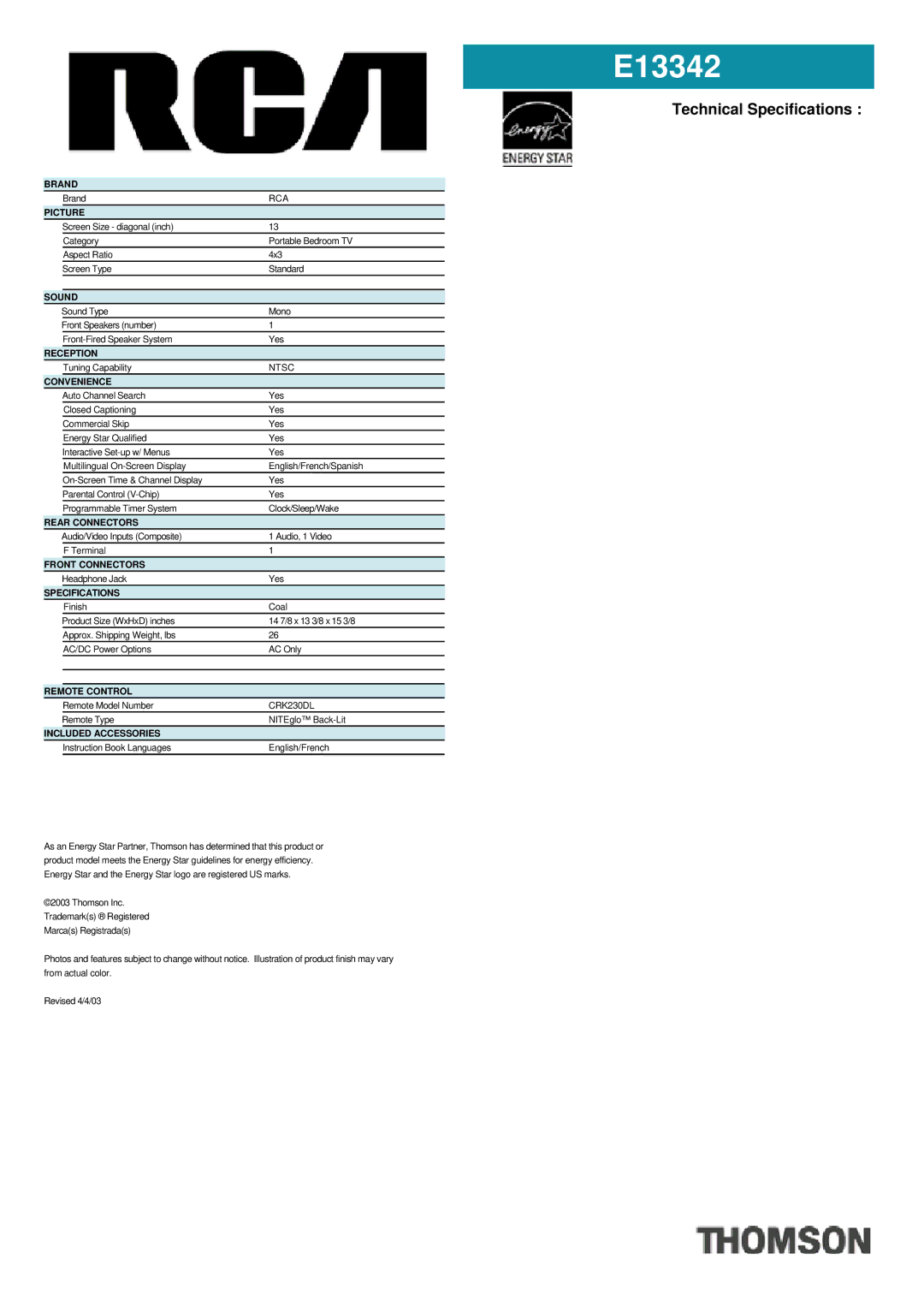 RCA E13342 manual Technical Specifications 