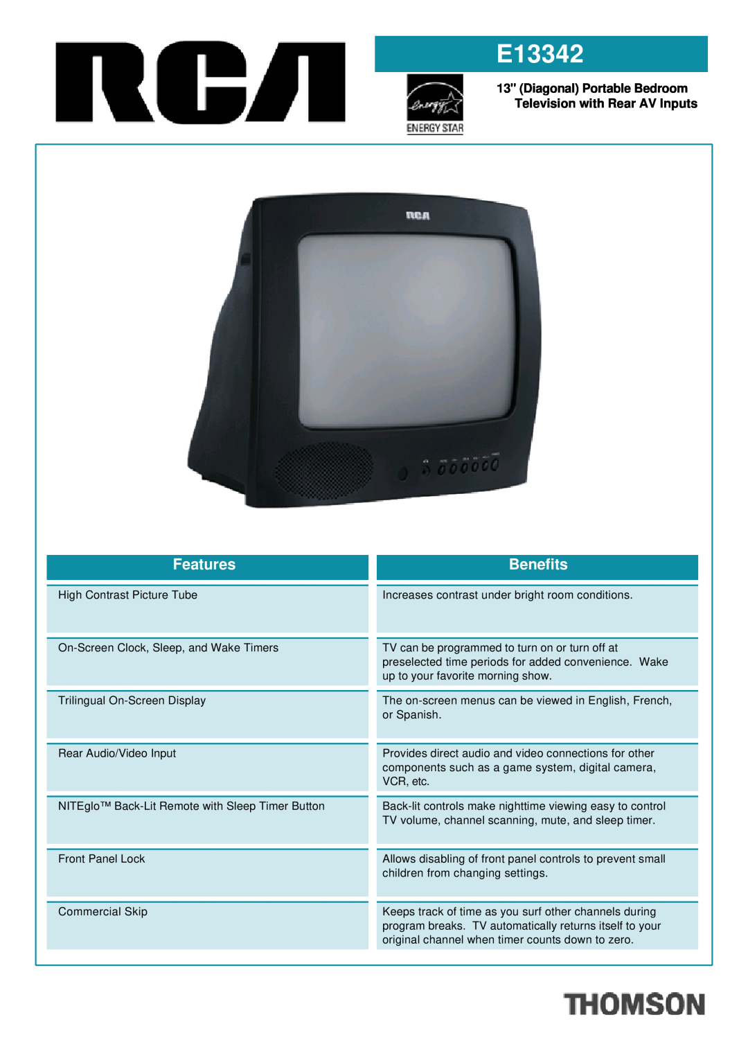 RCA E13342 manual Diagonal Portable Bedroom Television with Rear AV Inputs, Features, Benefits 