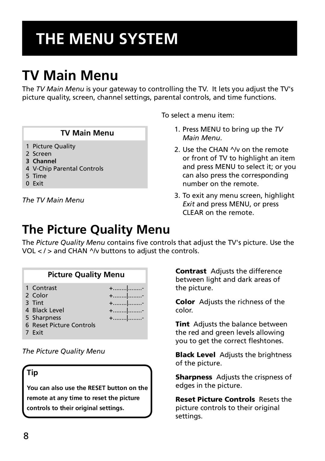 RCA E13344 manual Menu System, TV Main Menu, Picture Quality Menu 