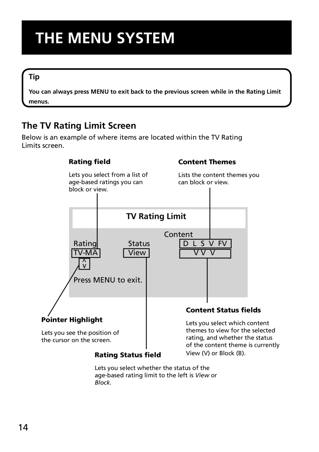 RCA E13344 TV Rating Limit Screen, Rating ﬁeld Content Themes, Content Status ﬁelds, Pointer Highlight, Rating Status ﬁeld 