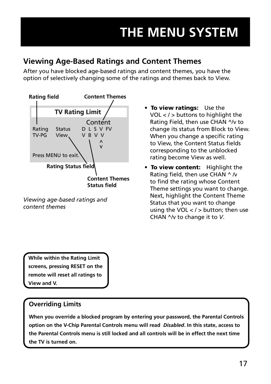 RCA E13344 manual Viewing Age-Based Ratings and Content Themes, Overriding Limits 