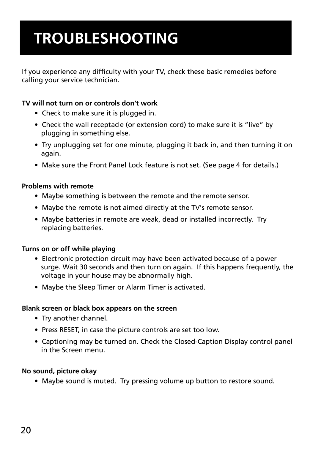 RCA E13344 manual Troubleshooting 