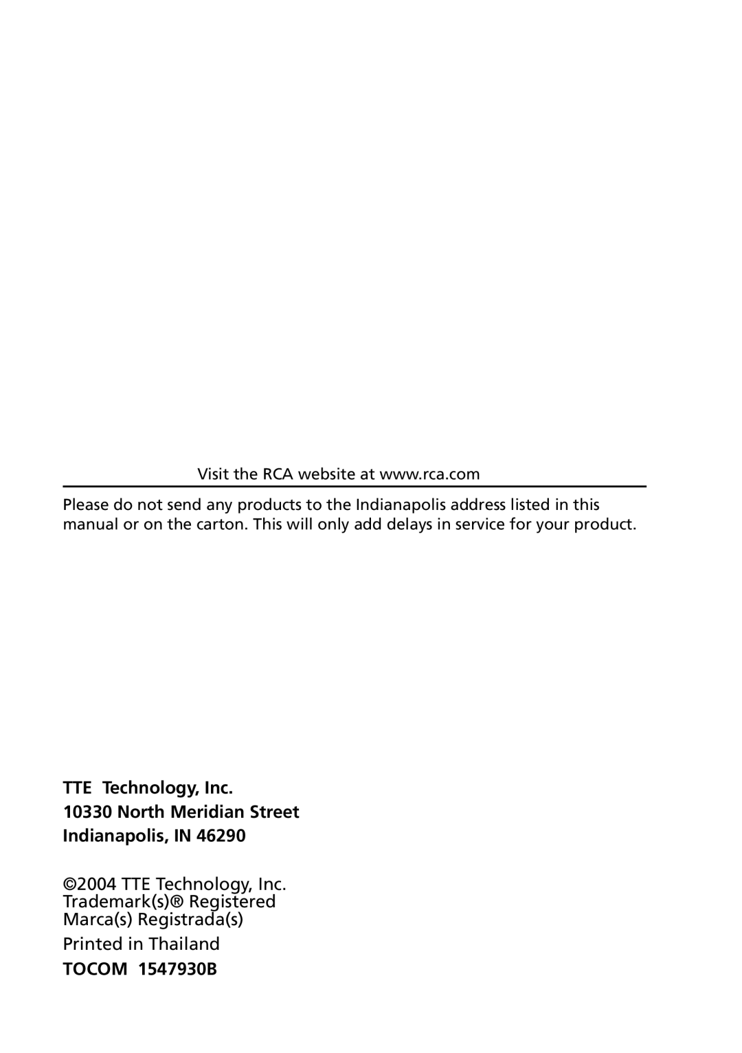 RCA E13344 manual TTE Technology, Inc North Meridian Street Indianapolis, Tocom 1547930B 