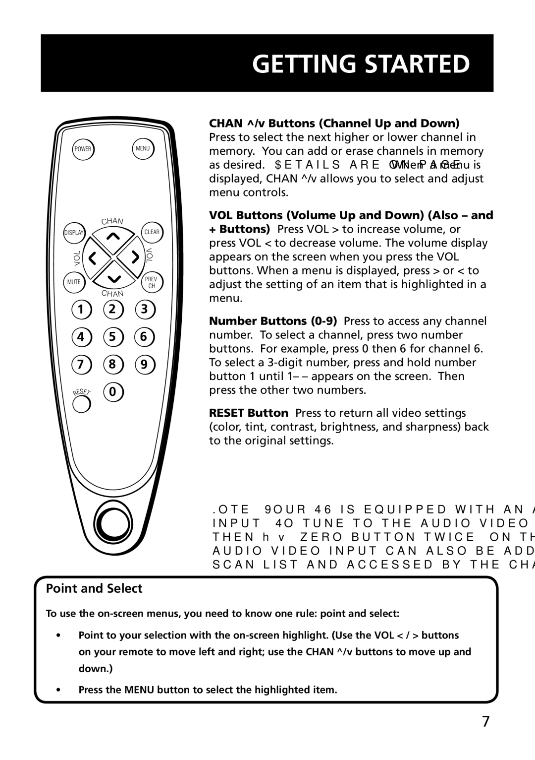 RCA E13344 manual Point and Select, Chan /v Buttons Channel Up and Down, VOL Buttons Volume Up and Down Also 