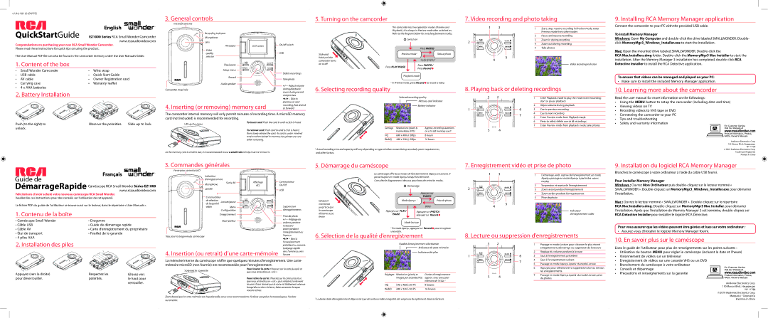 RCA EZ1000 Series quick start Content of the box, Battery Installation, Inserting or removing memory card 