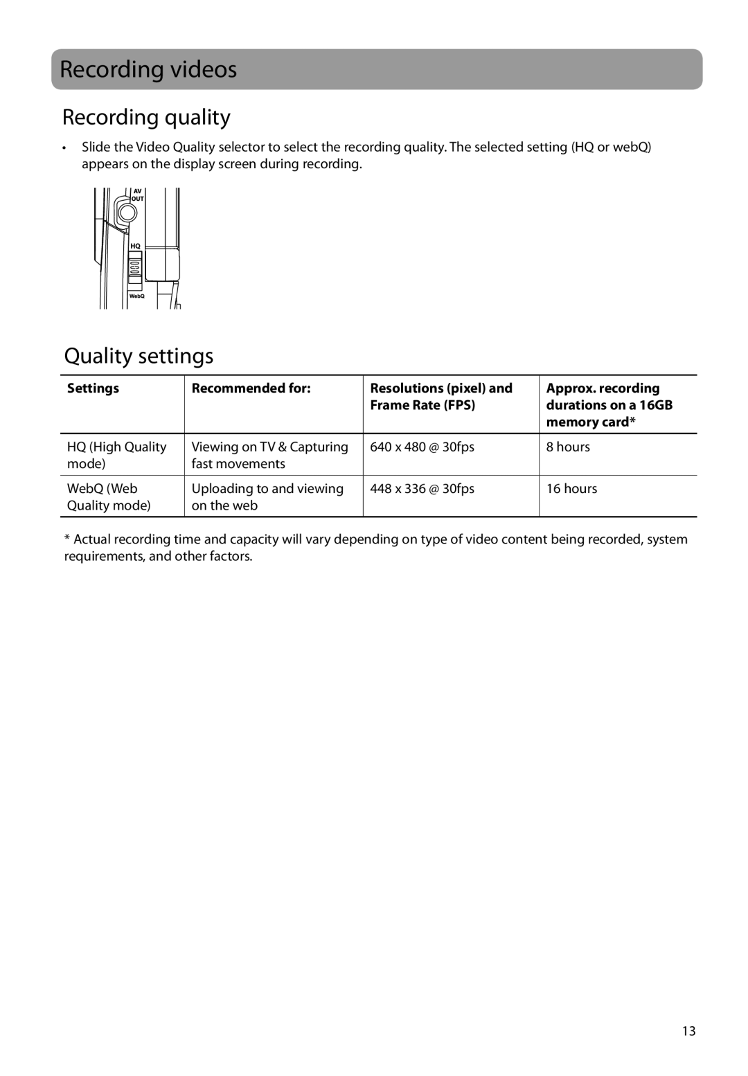 RCA EZ1000BL, EZ1000BK, EZ1000RD, EZ1000PL user manual Recording videos, Recording quality, Quality settings 