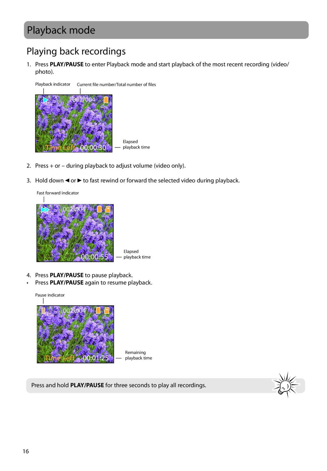 RCA EZ1000RD, EZ1000BK, EZ1000PL, EZ1000BL user manual Playback mode, Playing back recordings 