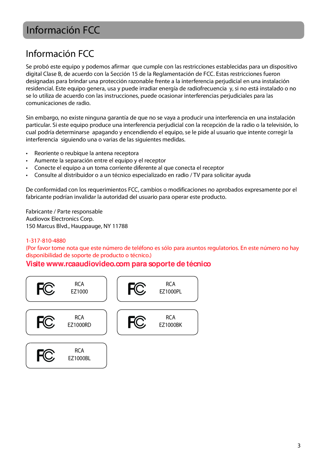 RCA EZ1000PL, EZ1000BK, EZ1000RD, EZ1000BL user manual Información FCC 