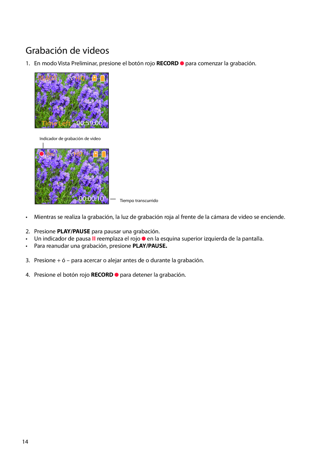 RCA EZ1000BL, EZ1000BK, EZ1000RD, EZ1000PL user manual Grabación de videos 