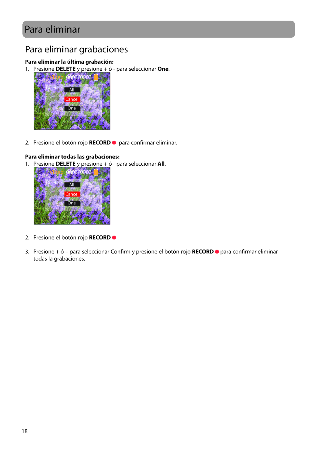 RCA EZ1000PL Para eliminar grabaciones, Para eliminar la última grabación, Para eliminar todas las grabaciones 
