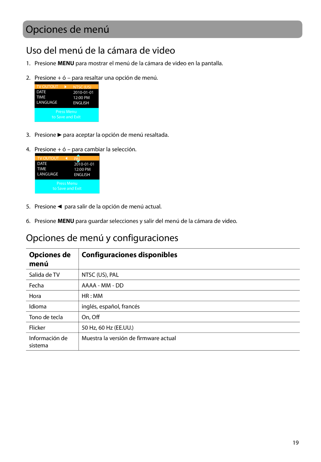 RCA EZ1000BL, EZ1000BK, EZ1000RD, EZ1000PL Uso del menú de la cámara de video, Opciones de menú y configuraciones 