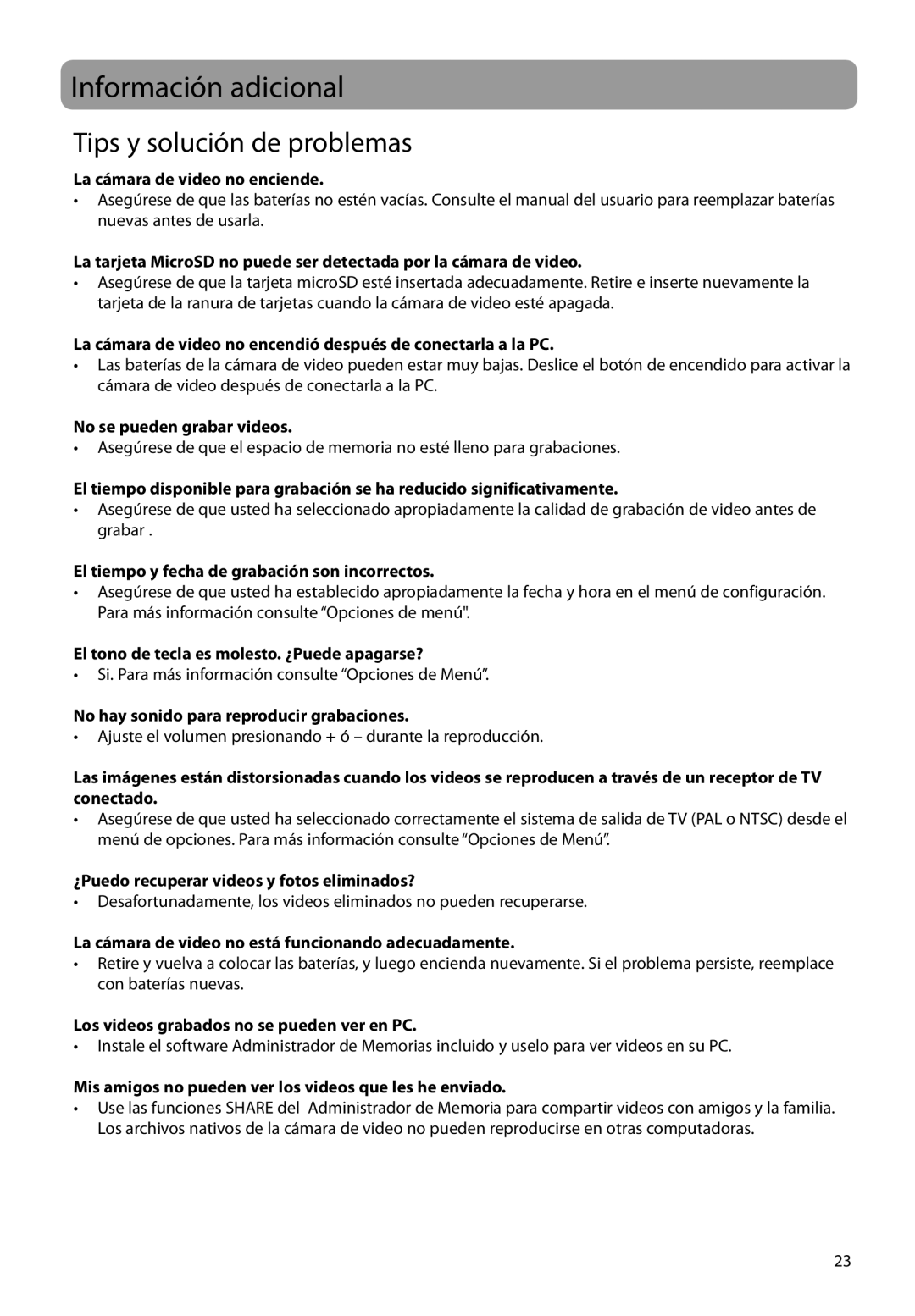 RCA EZ1000PL, EZ1000BK, EZ1000RD, EZ1000BL user manual Información adicional, Tips y solución de problemas 