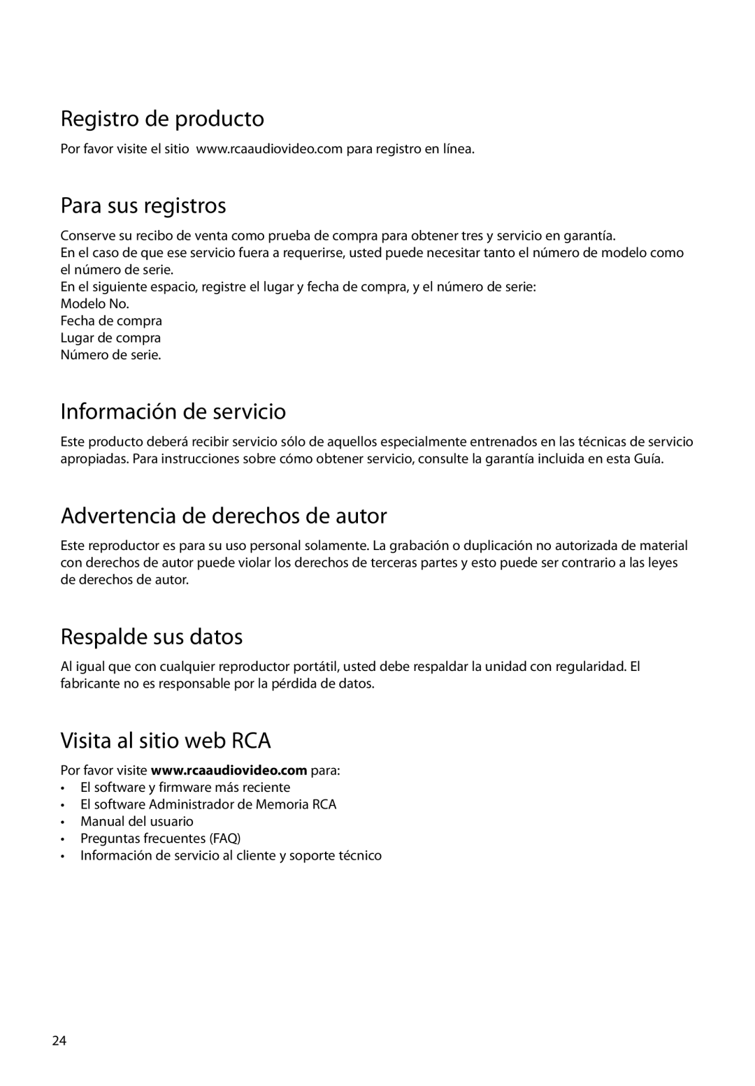 RCA EZ1000BL, EZ1000BK Registro de producto Para sus registros, Información de servicio, Advertencia de derechos de autor 