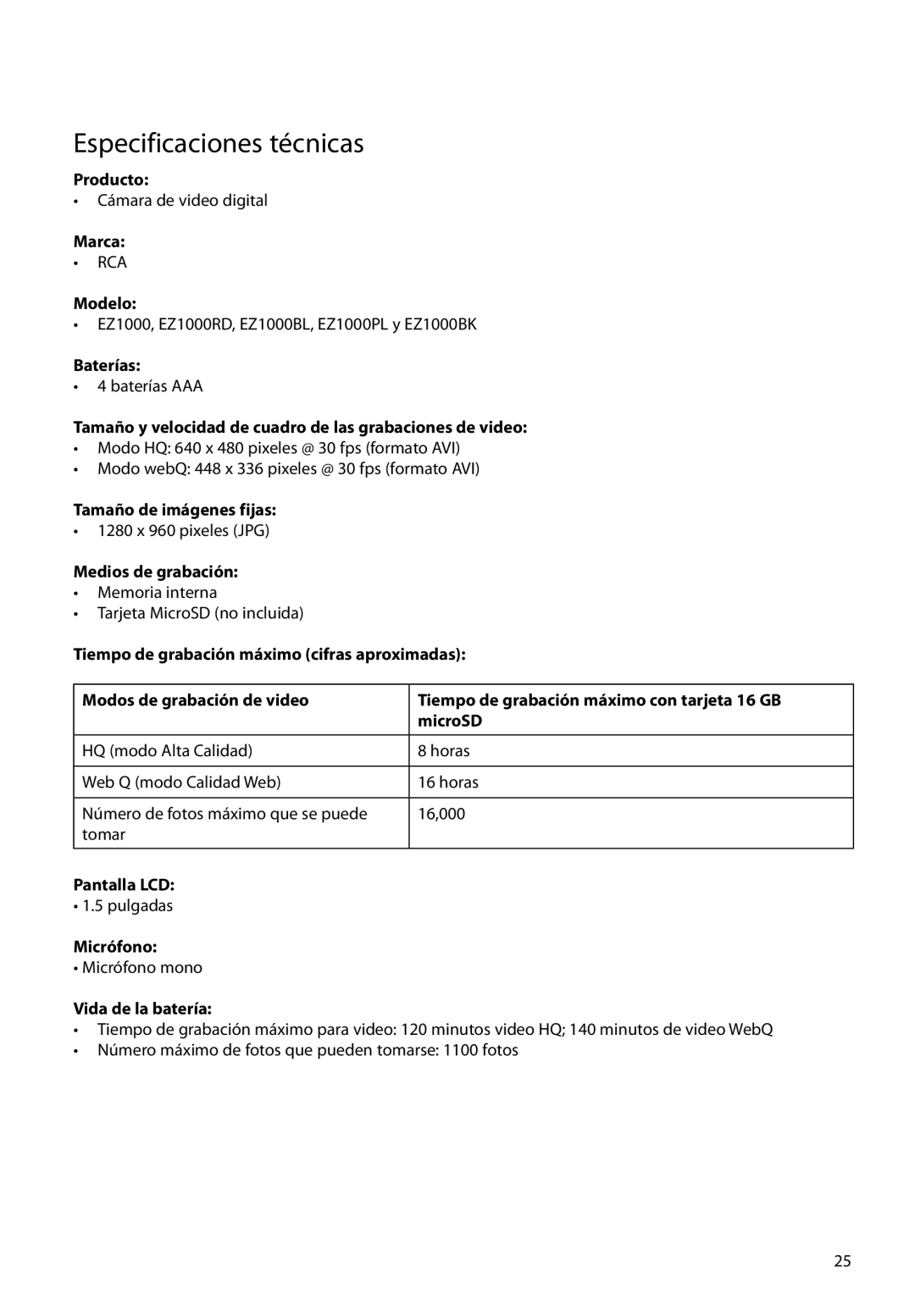 RCA EZ1000BK, EZ1000RD, EZ1000PL, EZ1000BL user manual Especificaciones técnicas 