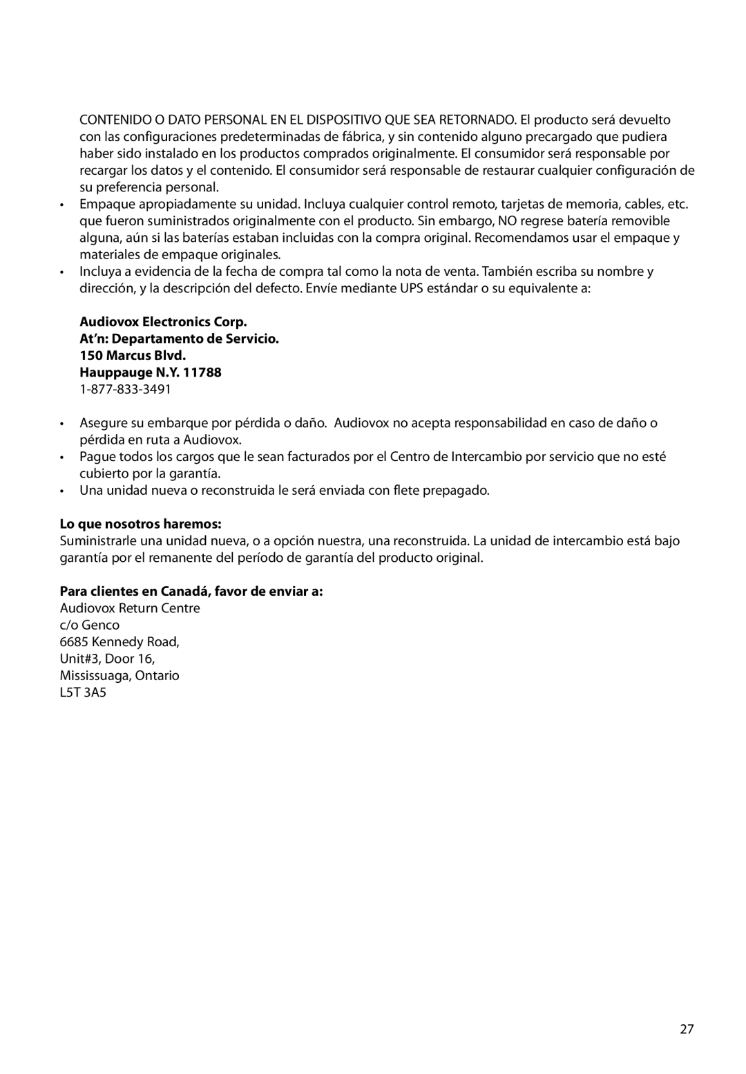 RCA EZ1000RD, EZ1000BK, EZ1000PL, EZ1000BL user manual Lo que nosotros haremos, Para clientes en Canadá, favor de enviar a 