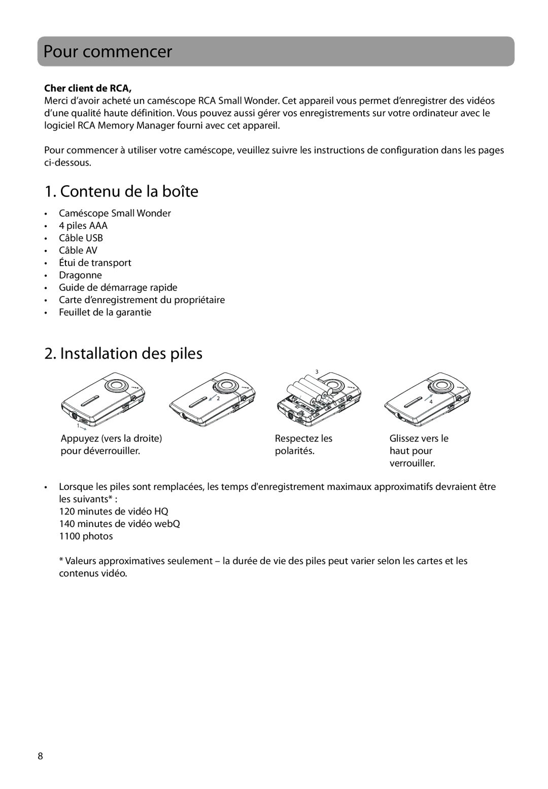 RCA EZ1000RD, EZ1000BK, EZ1000PL, EZ1000BL Pour commencer, Contenu de la boîte, Installation des piles, Cher client de RCA 