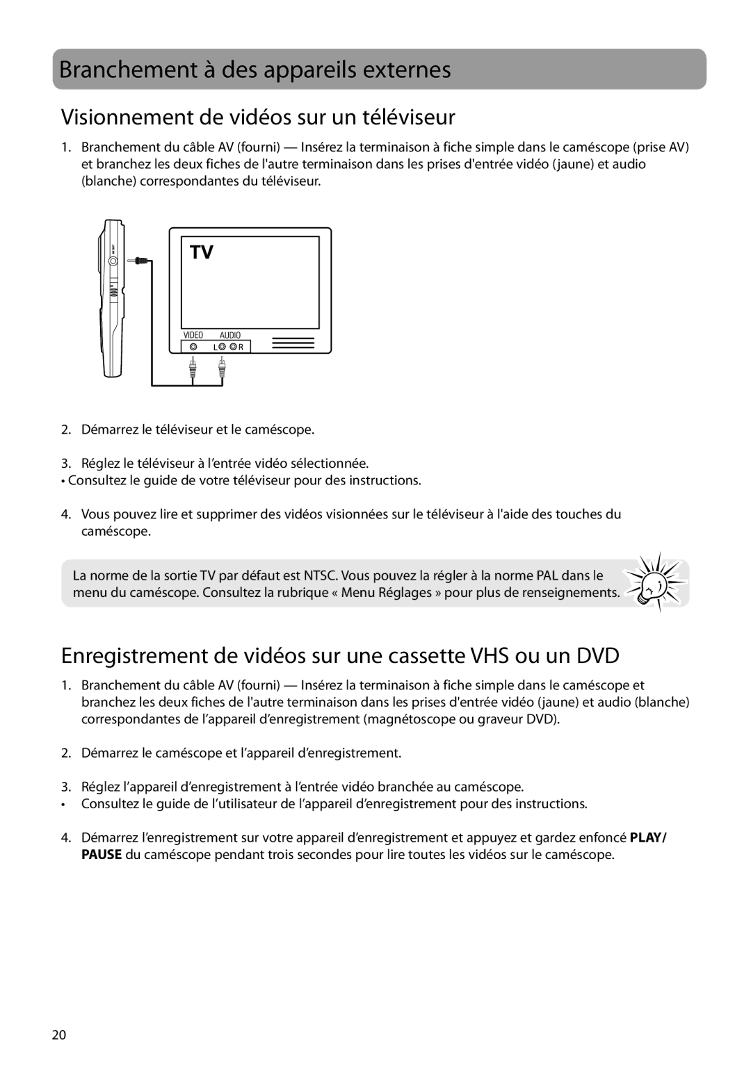 RCA EZ1000BL, EZ1000BK, EZ1000RD, EZ1000PL Branchement à des appareils externes, Visionnement de vidéos sur un téléviseur 