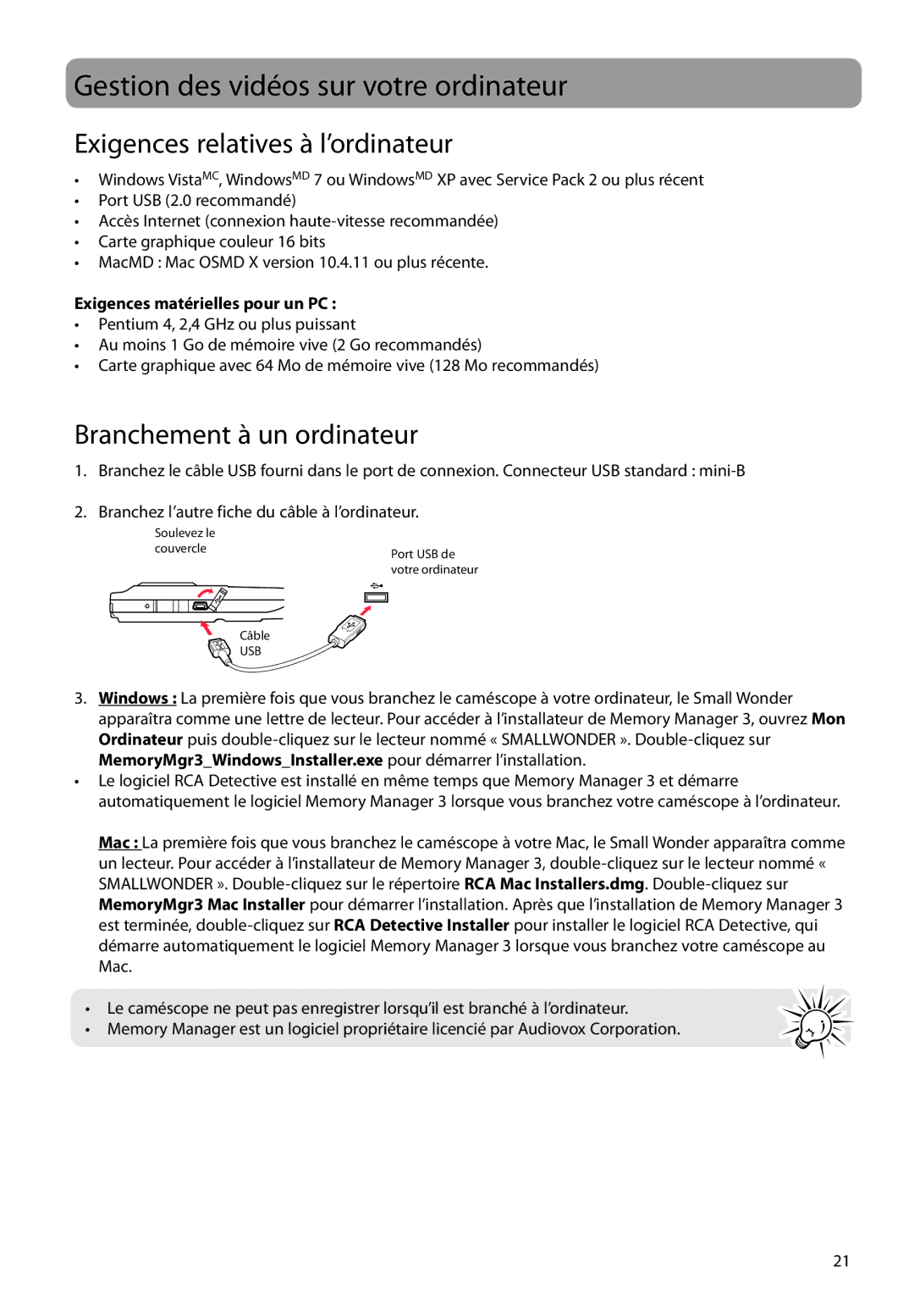 RCA EZ1000BK Gestion des vidéos sur votre ordinateur, Exigences relatives à l’ordinateur, Branchement à un ordinateur 