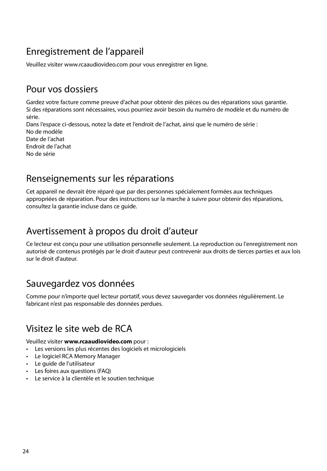 RCA EZ1000PL Enregistrement de l’appareil Pour vos dossiers, Renseignements sur les réparations, Sauvegardez vos données 