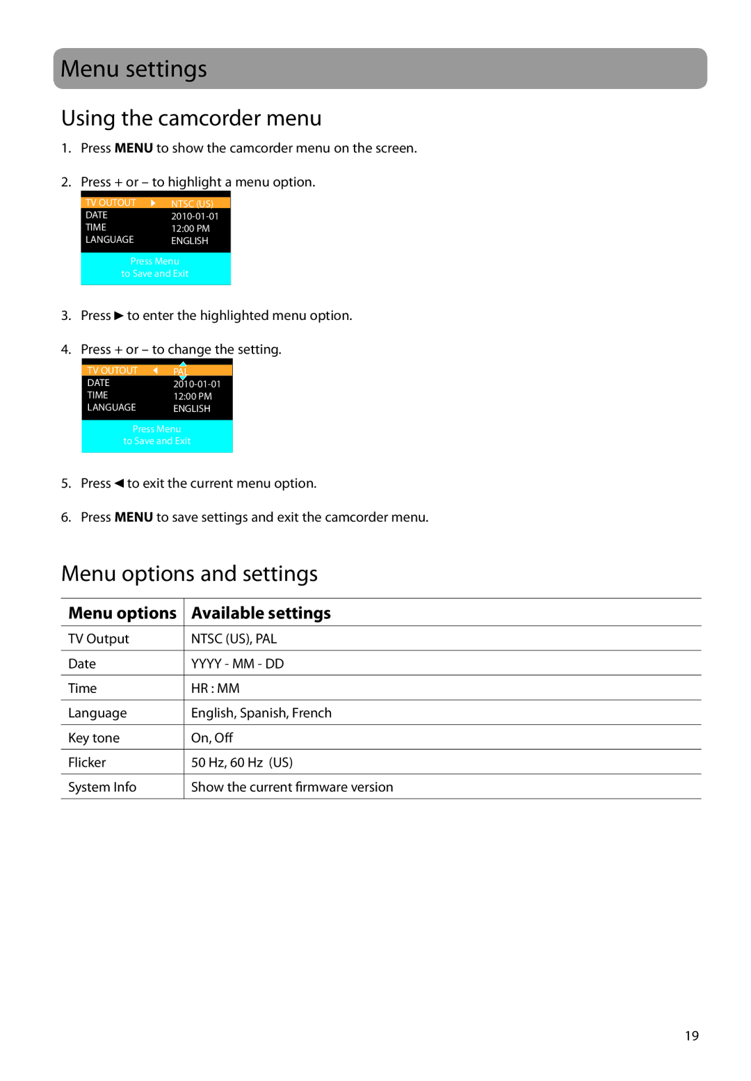 RCA EZ1000BK, EZ1000RD, EZ1000PL, EZ1000BL user manual Menu settings, Using the camcorder menu, Menu options and settings 