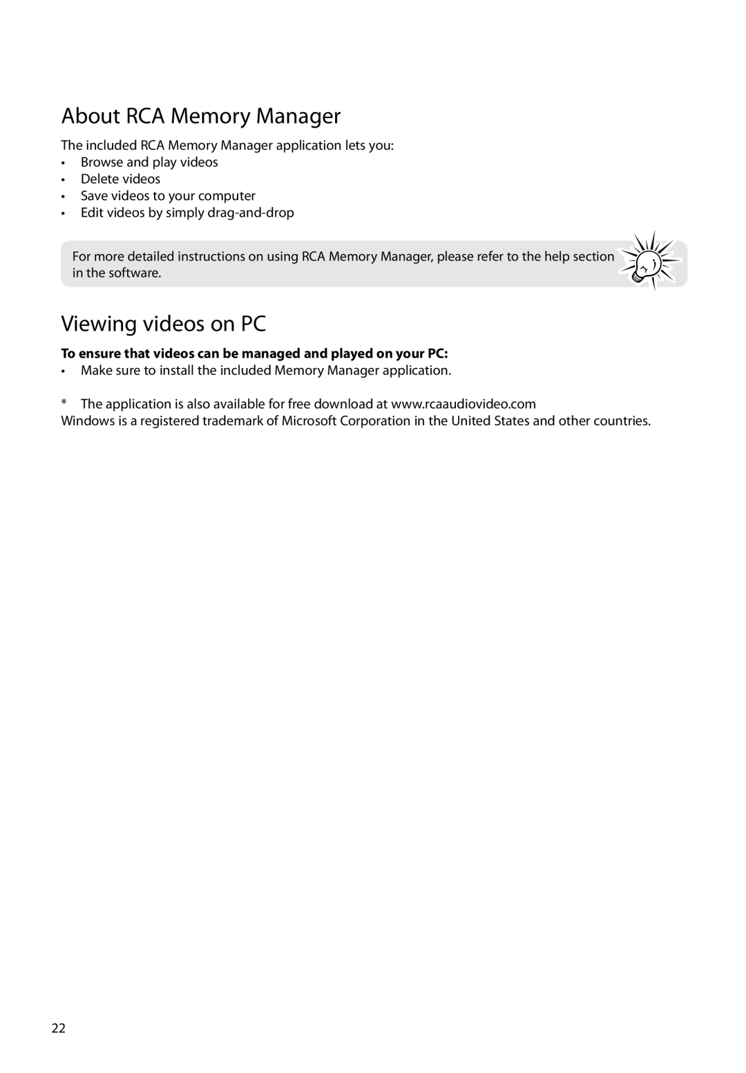 RCA EZ1000PL About RCA Memory Manager, Viewing videos on PC, To ensure that videos can be managed and played on your PC 