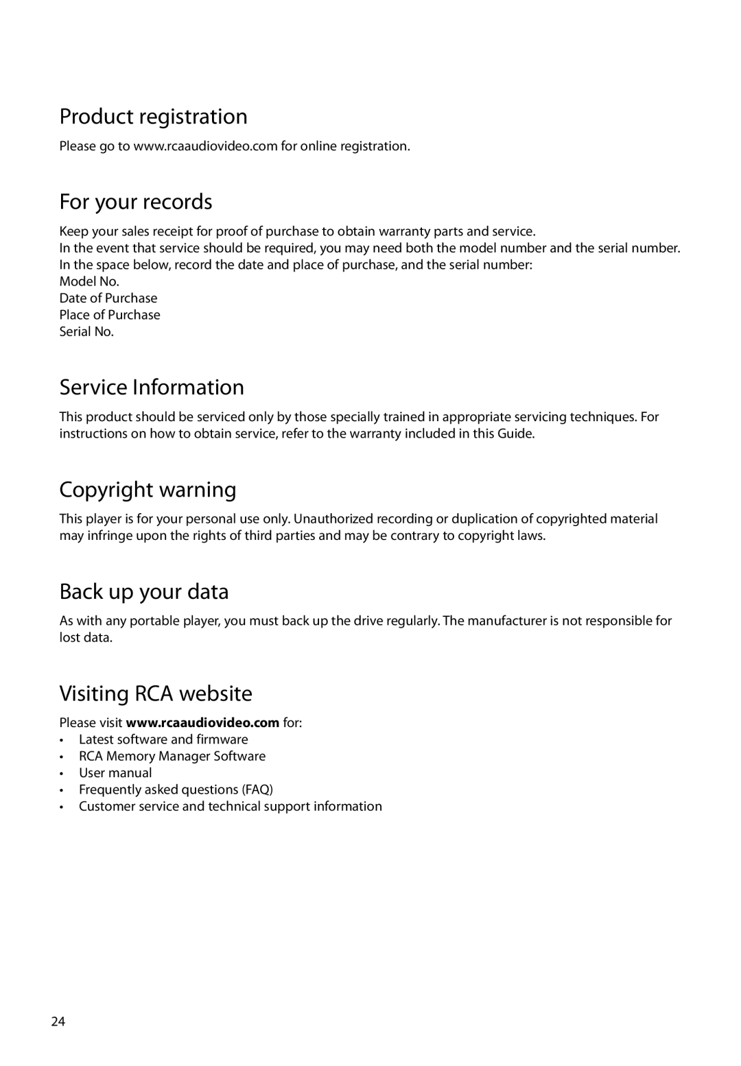 RCA EZ1000BK, EZ1000RD Product registration For your records, Service Information, Copyright warning, Back up your data 