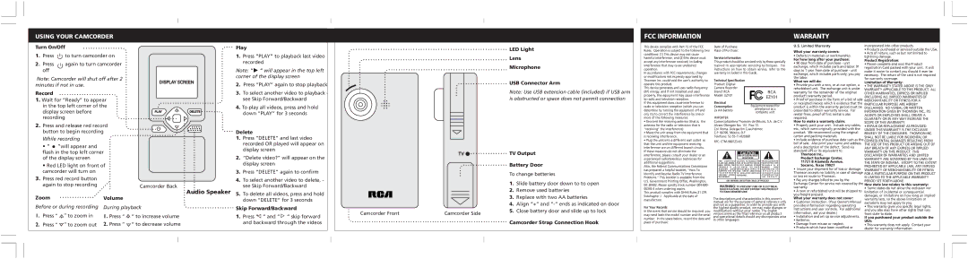 RCA EZ101 Turn On/Off, Play, LED Light Lens Microphone, Record, USB Connector Arm, Zoom Volume, Delete, TV Output 