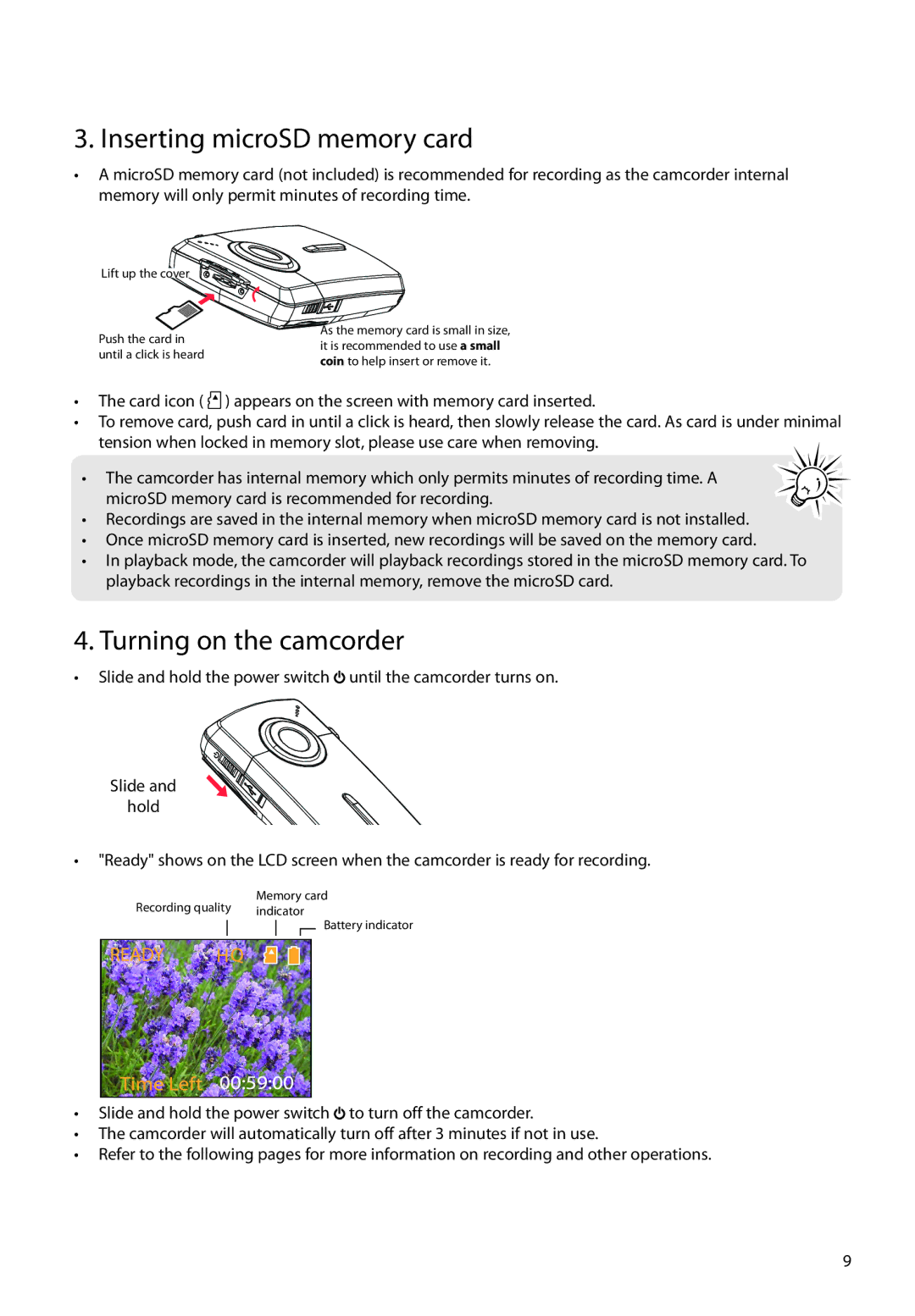 RCA EZ1010BL, EZ1010RD user manual Inserting microSD memory card, Turning on the camcorder 