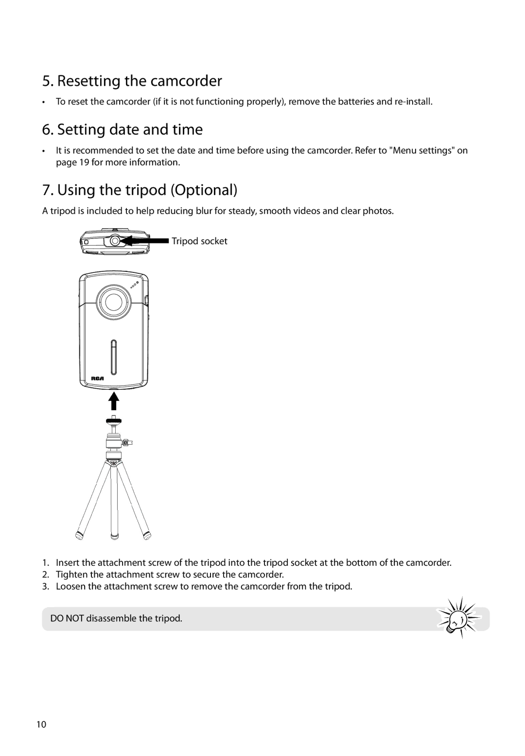 RCA EZ1010RD, EZ1010BL user manual Resetting the camcorder, Setting date and time, Using the tripod Optional 