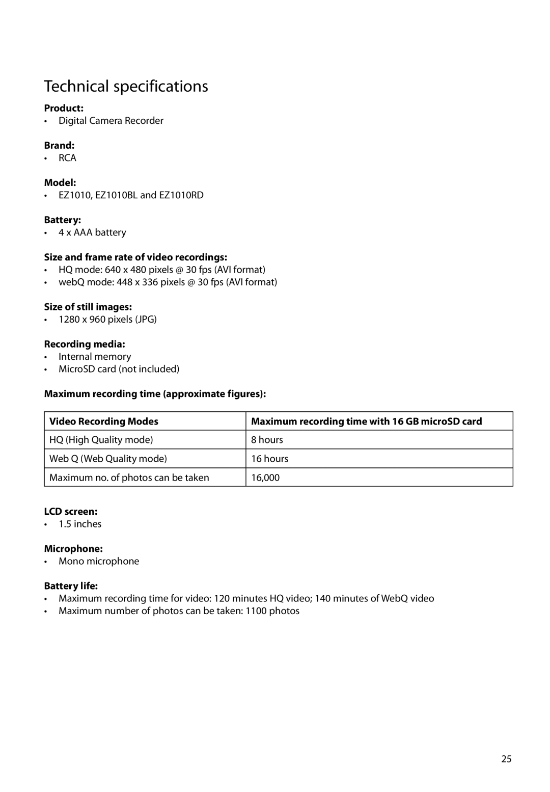 RCA EZ1010RD, EZ1010BL user manual Technical specifications 