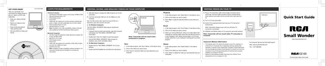 RCA EZ105 quick start Save, Playback, Delete, Important Battery Information 