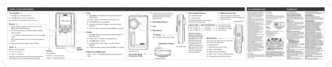 RCA EZ105 Turn On/Off, Play, Recording Indicator, Lens, Zoom, Volume, Audio Speaker Delete, Skip Forward/Backward 