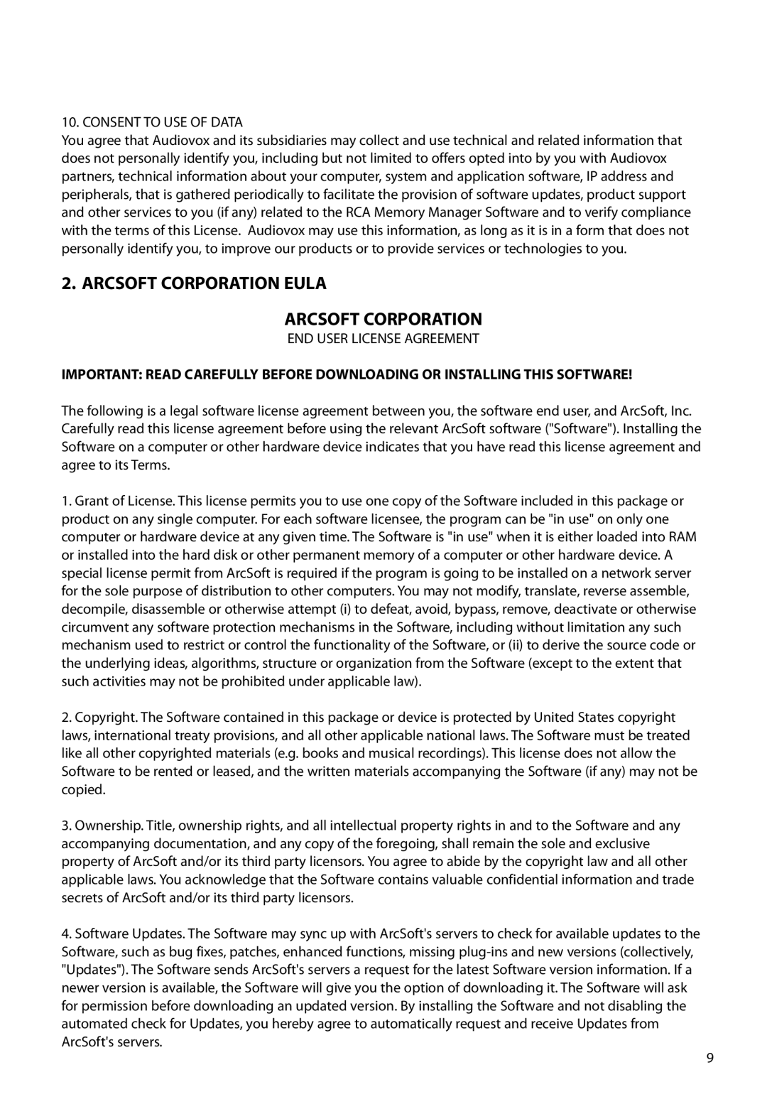 RCA EZ1100 user manual Arcsoft Corporation Eula, Consent to USE of Data 