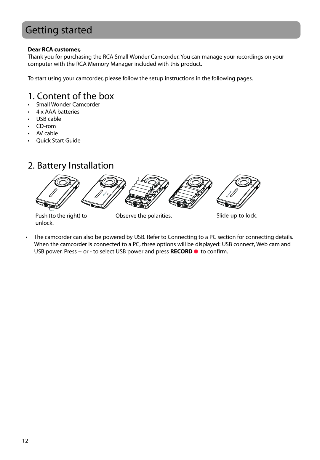 RCA EZ1100 user manual Getting started, Content of the box, Battery Installation, Dear RCA customer 