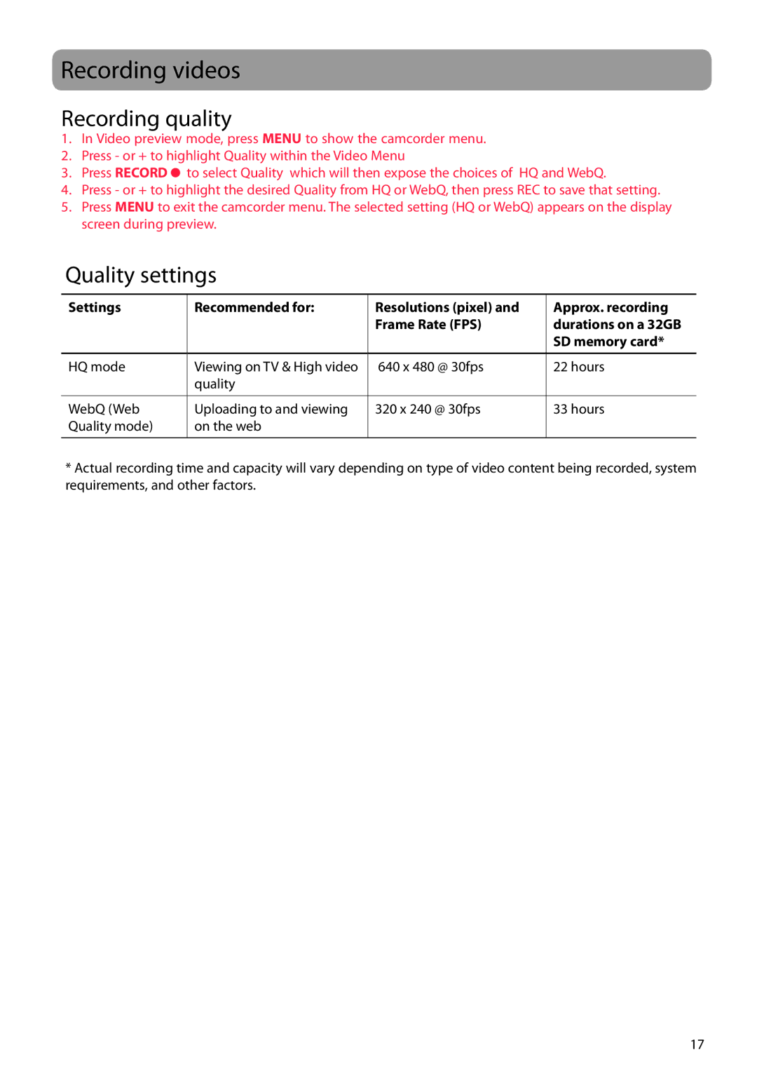 RCA EZ1100 user manual Recording videos, Recording quality, Quality settings, SD memory card 