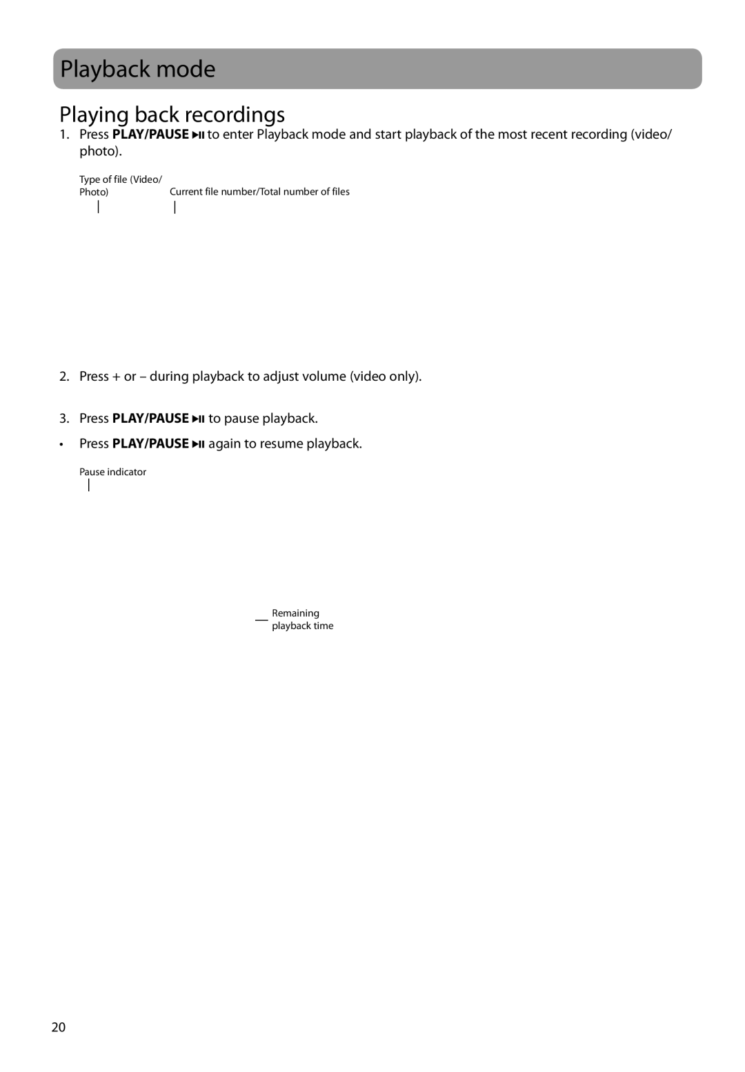 RCA EZ1100 user manual Playback mode, Playing back recordings 