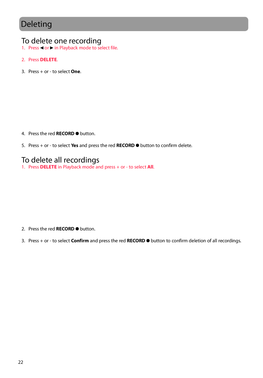 RCA EZ1100 user manual Deleting, To delete one recording, To delete all recordings 