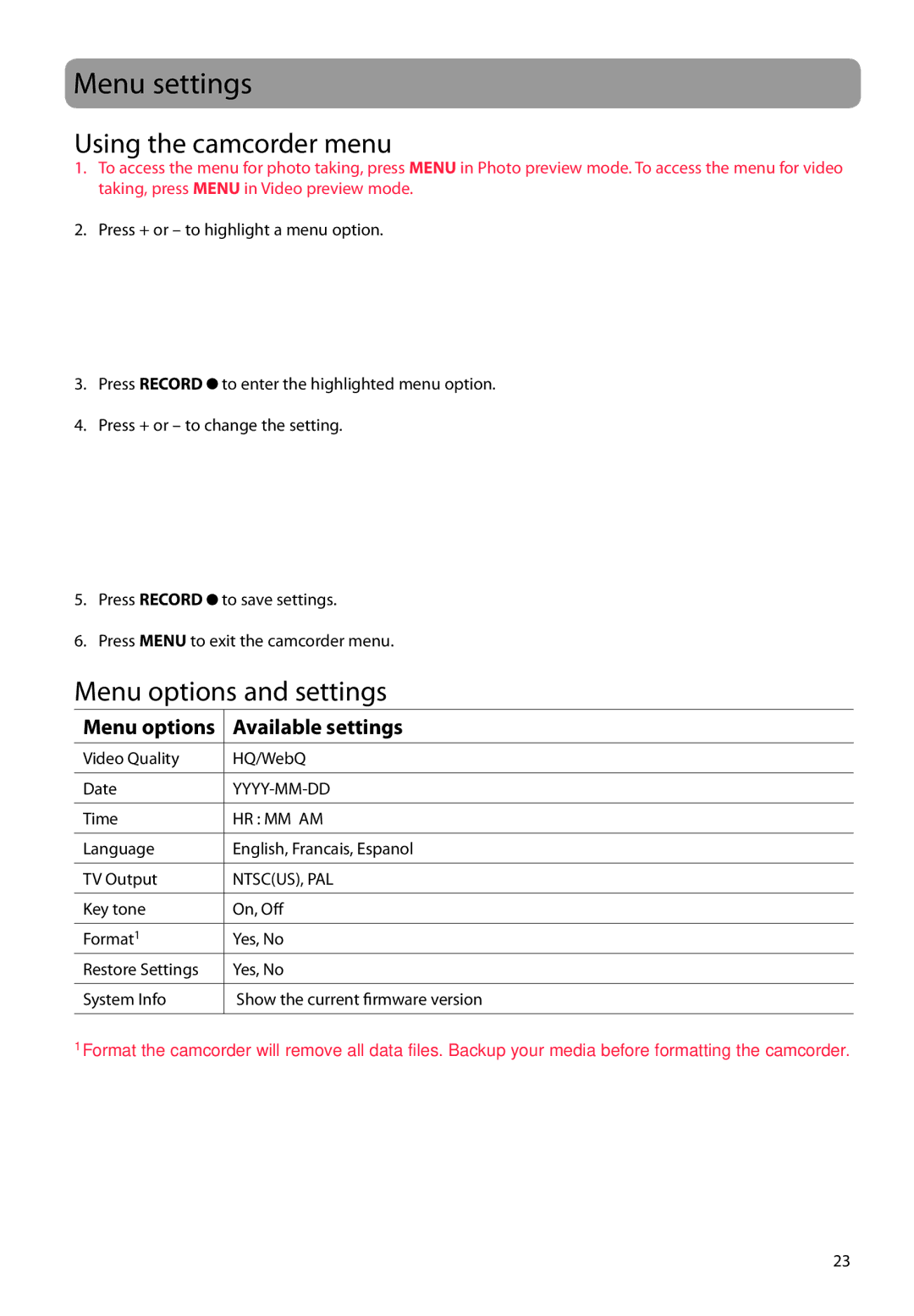 RCA EZ1100 user manual Menu settings, Using the camcorder menu, Menu options and settings 