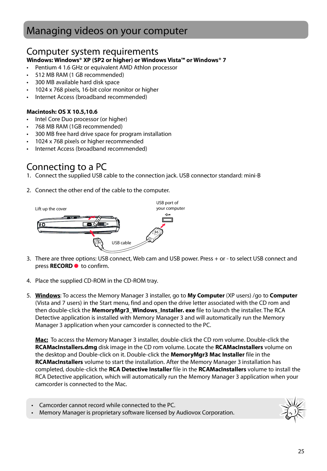 RCA EZ1100 Managing videos on your computer, Computer system requirements, Connecting to a PC, Macintosh OS X 10.5,10.6 