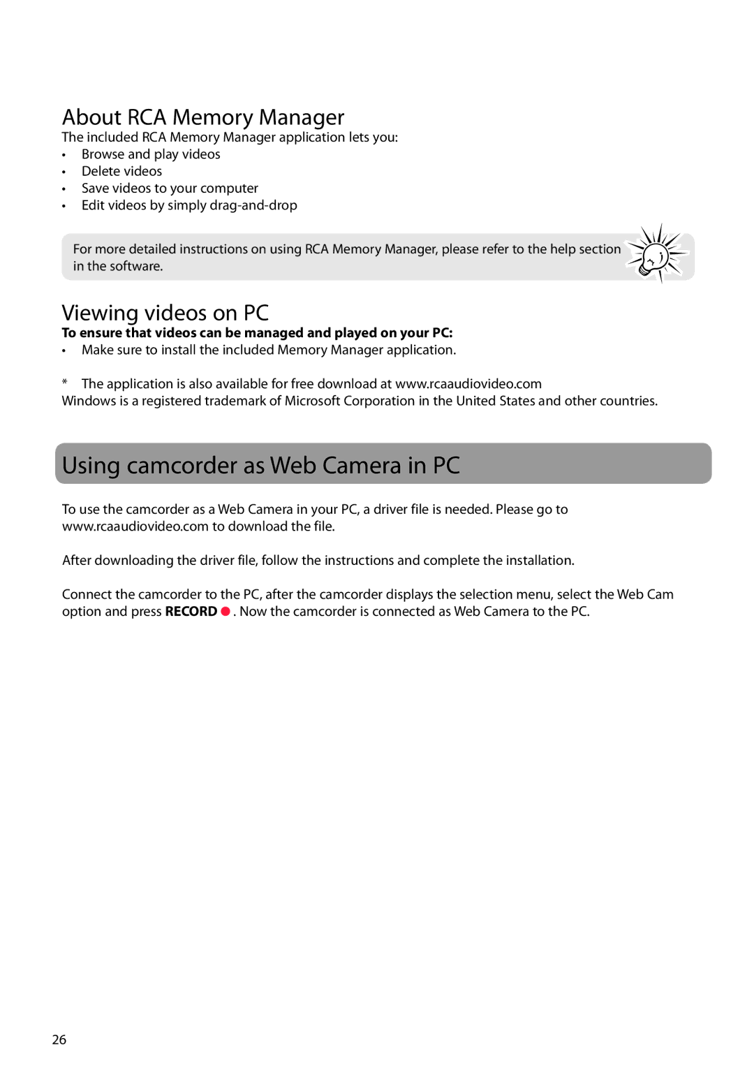 RCA EZ1100 user manual Using camcorder as Web Camera in PC, About RCA Memory Manager, Viewing videos on PC 