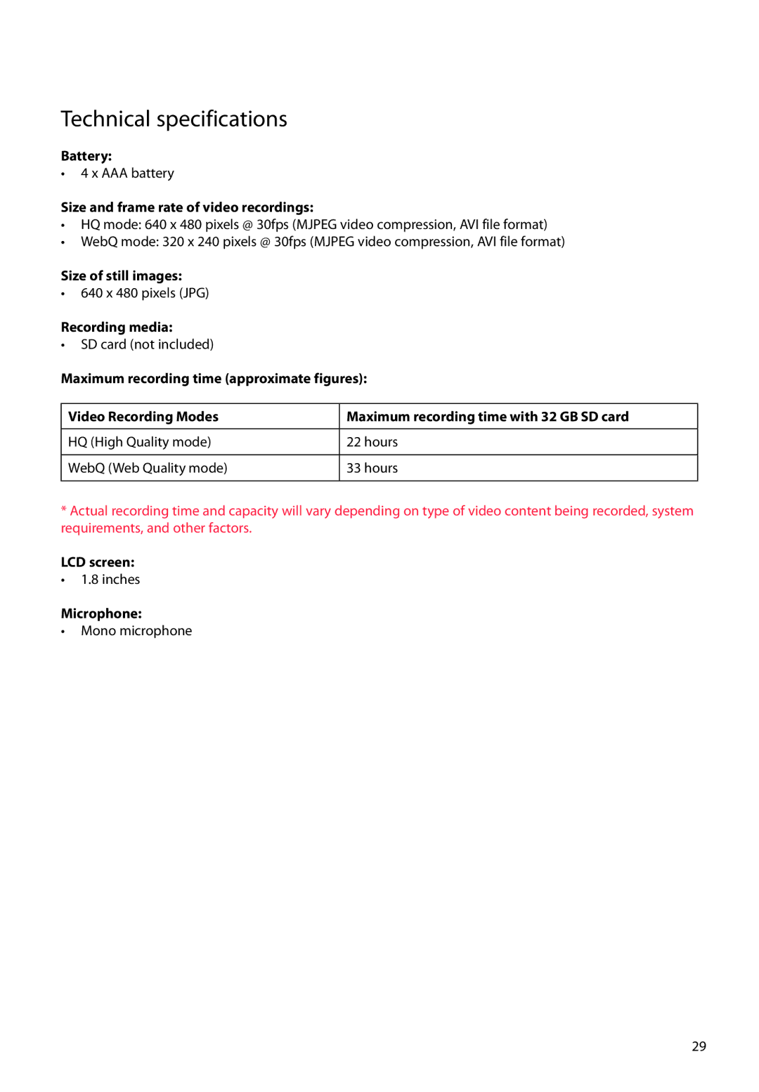 RCA EZ1100 user manual Technical specifications 