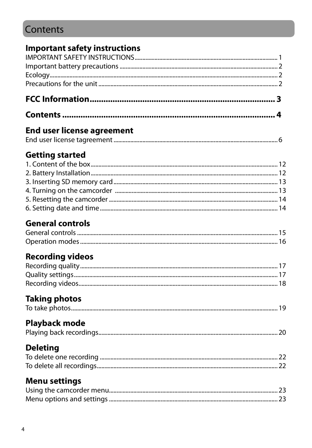 RCA EZ1100 user manual Contents 