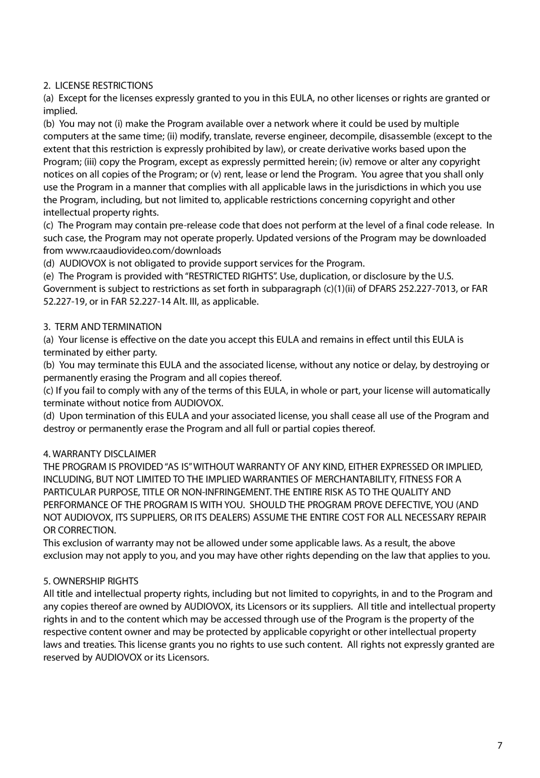 RCA EZ1100 user manual License Restrictions, Term and Termination, Ownership Rights 