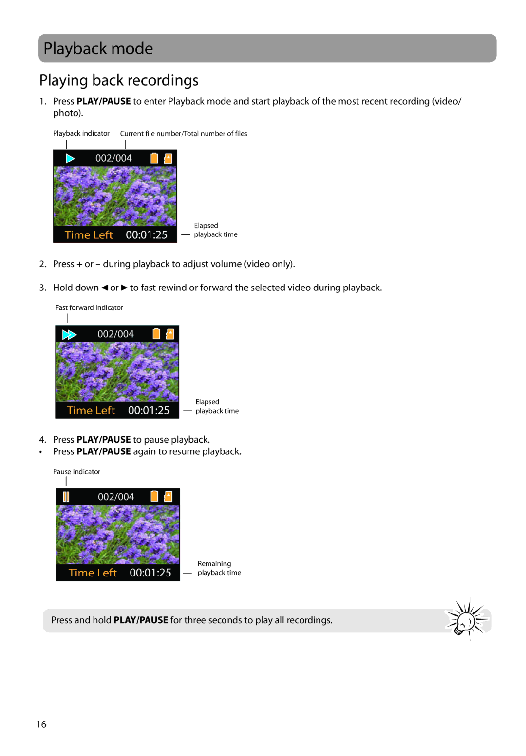 RCA EZ2000RD, EZ2000PL, EZ2000BL, EZ2000BK user manual Playback mode, Playing back recordings 